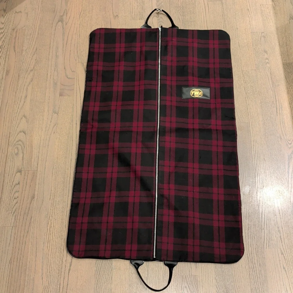 Vintage TWA Airlines Garment Bag Red Black Plaid Suiter Travel Luggage Logo